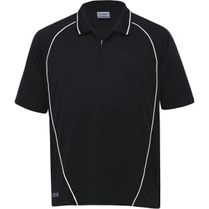 A black polo shirt with white piping and a zip collar, featuring a branding logo.