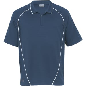 A navy polo shirt with white piping details and a branded logo on the hem. Short sleeves and a classic collar.