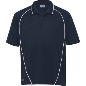 A navy polo shirt with white piping and a branded logo on the side. Short sleeves and a collared design.