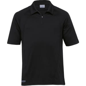 A black Dri Gear Active Polo for men, featuring a zip collar and logo branding.