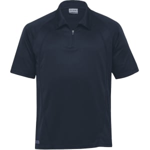 A dark navy men's polo shirt with a zip collar, featuring a logo on the side. Ideal for active wear.