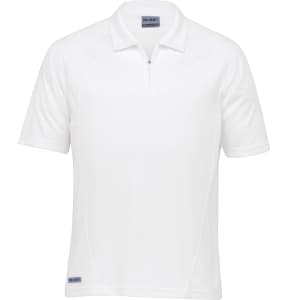 A white men's polo shirt with a half zipper and a logo on the hem. Designed for active wear.
