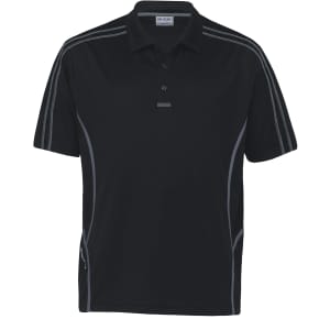 A black polo shirt featuring grey detailing and stripes, with a subtle logo on the chest.