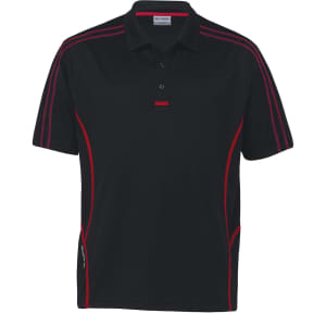 A black polo shirt featuring red accents and a logo, designed for active wear.