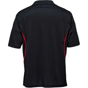 A black polo shirt with red accents and a logo on the back.