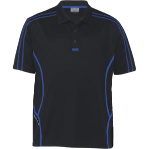 A black polo shirt featuring blue stripes and a branding logo on the chest.