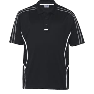 A black polo shirt featuring white accents and a logo, designed for comfort and style.
