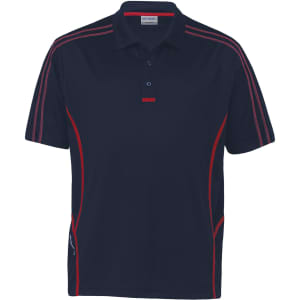 A navy polo shirt with red accents and a branded logo on the front. It features a classic collar and short sleeves.