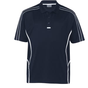 A navy blue polo shirt with white accents and a logo. It features a classic collar and short sleeves.