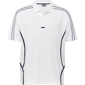 A white polo shirt with navy accents and a logo, featuring short sleeves and a two-button collar.
