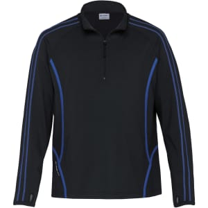 A black pullover with blue stripes and a zip neck. It features a logo on the front.