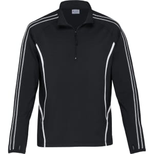 A black zip pullover featuring white side stripes and a quarter zip design, with a logo on the chest.