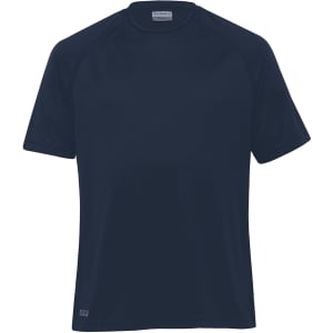 A plain navy blue raglan tee for men, featuring short sleeves and a simple design with a logo.