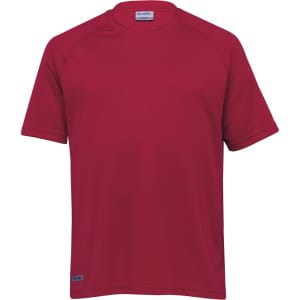 A red Dri Gear Plain Raglan Tee for men, featuring short sleeves and a logo on the side.