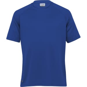 A plain blue raglan tee for men with short sleeves and a logo on the lower hem.