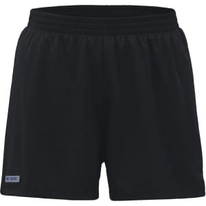 Black sports shorts with an elastic waistband and a logo on the side. Suitable for athletic activities.