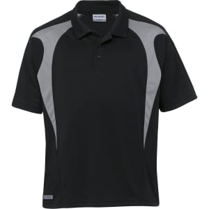 A black polo shirt with grey spliced accents and a logo, featuring a classic collar and short sleeves.
