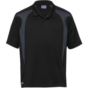 A black polo shirt with spliced grey detailing and a logo on the chest. Classic collar and short sleeves.