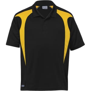 A black and yellow youth polo shirt featuring spliced design elements and a logo on the front.