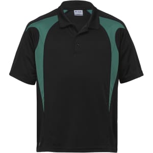 A black polo shirt with spliced green accents and a logo on the chest.