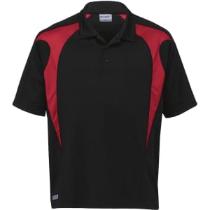 A black polo shirt with red spliced accents and a logo on the chest. Suitable for youth wear.