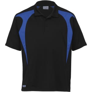 A black polo shirt with blue spliced detailing, featuring a collar and short sleeves. It has a logo on the hem.