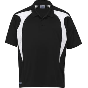 A black polo shirt with white spliced design and a collar, featuring a logo.