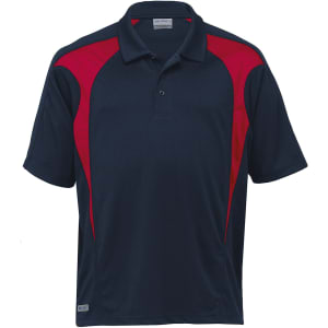 A navy blue polo shirt featuring red spliced panels and a logo on the chest. Suitable for youth sizes.