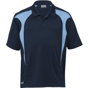 A navy blue polo shirt with light blue spliced accents and a logo.
