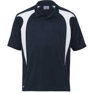 A navy polo shirt with white spliced panel details and a branded logo on the collar. Short sleeves and a classic design.