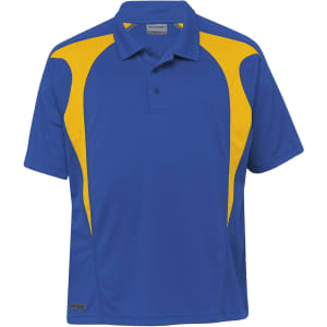 A blue and yellow polo shirt featuring spliced design and a logo on the side.