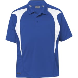 A blue polo shirt with white spliced panels, featuring a collar and a small logo.