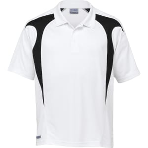 A white polo shirt with black spliced accents and a logo on the chest. Features a classic collar and short sleeves.