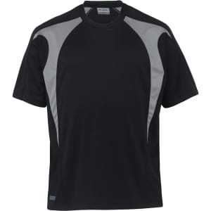 A black T-shirt with grey spliced panels and a logo on the front. Short-sleeved and athletic fit.