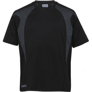 A black T-shirt with spliced grey panels, featuring a branded logo on the lower side.