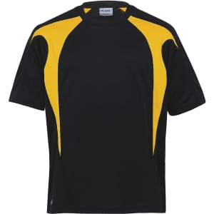 A black and yellow Dri Gear Spliced Zenith Tee T-shirt featuring a logo. Short sleeves and a sporty design.