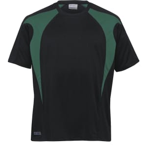 A black T-shirt featuring green spliced accents and a logo. Designed for casual or athletic wear.