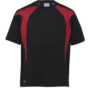A black t-shirt with red spliced accents and a logo, designed for activewear.