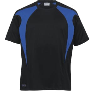A black T-shirt with blue spliced panels and a logo on the front.