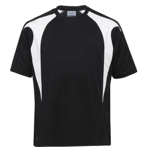 A black and white Dri Gear Spliced Zenith Tee featuring a sporty design and a logo on the front.