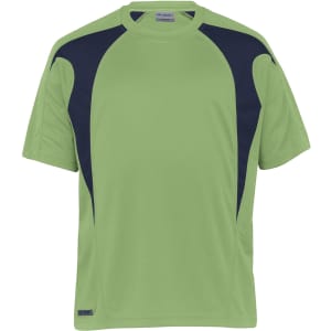 A green and navy spliced T-shirt with short sleeves, featuring a logo on the front.