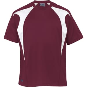 A maroon and white T-shirt with a sporty design and a logo on the front.