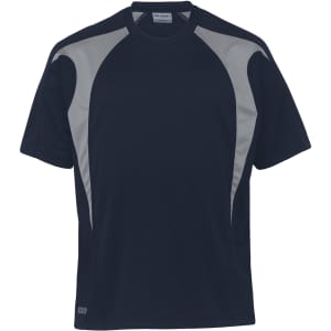 A navy blue t-shirt with grey spliced accents and a logo on the front. Short-sleeved design.