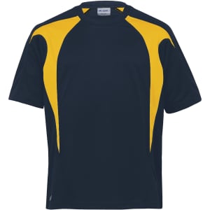 A black and yellow spliced athletic t-shirt with a logo, designed for comfort and performance.