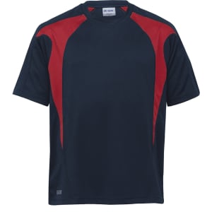 A navy blue T-shirt with red spliced accents on the shoulders and sides, featuring a logo.