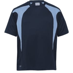 A short-sleeved t-shirt in dark navy with light blue spliced panels. It features a logo on the lower front.