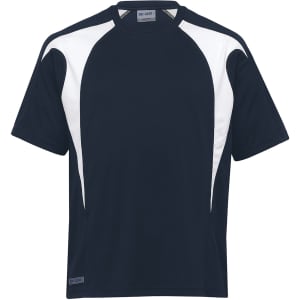 A navy and white T-shirt with a sporty design and a logo on the label.