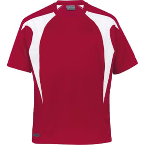A red T-shirt featuring white spliced panels and a logo on the lower left side.