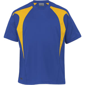 A blue and yellow sports T-shirt featuring a logo on the front, designed for active wear.