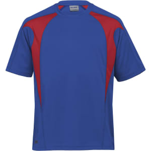A blue and red short-sleeve t-shirt with a logo. The shirt features a spliced design.